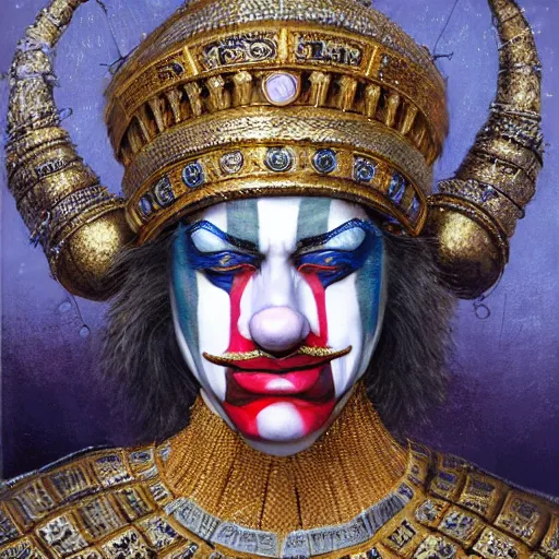 Image similar to uhd photorealistic detailed image of max current, the crypto emperor, dressed as emperor, wearing extremely intricate clown makeup, by ayami kojima amano karol bak