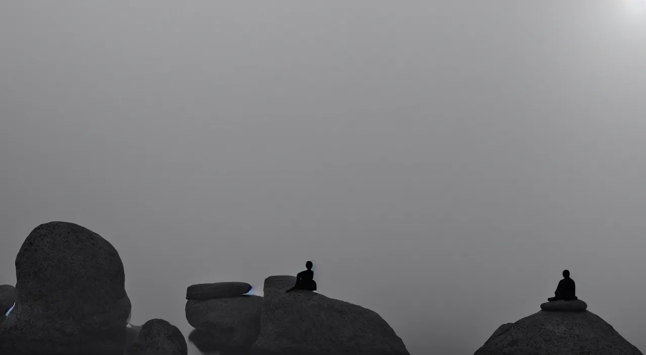 Prompt: a lonely silhouette of a meditating monk sitting in the fog on a stone protruding from the water in the rays of the morning sun, the focus of the camera on the monk, matthew snowden style.