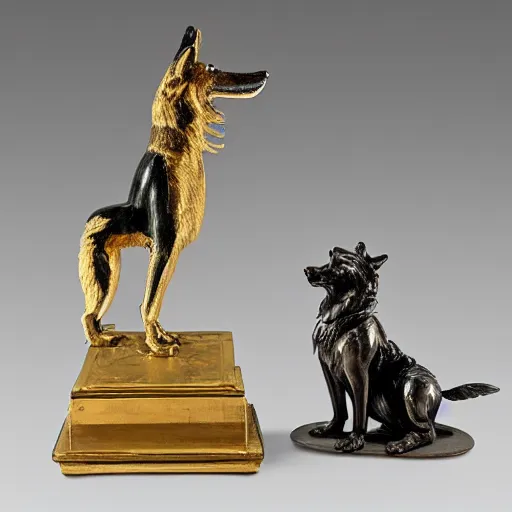 Prompt: 19th century mechanical automata depicting a wolf in a workshop, gold and silver