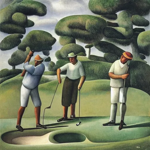 Image similar to Three golfers on a beautiful golf course, by Diego Rivera