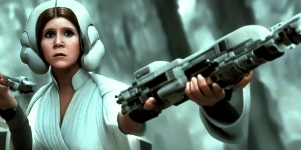 Prompt: princess leia photo 1 9 8 3 played by carrie fisher, motion blur runs through massive battlefront, mcu style, explosions, fire, real life, spotted, ultra realistic face, accurate hands, 4 k, movie still, uhd, sharp, detailed, cinematic, render, modern