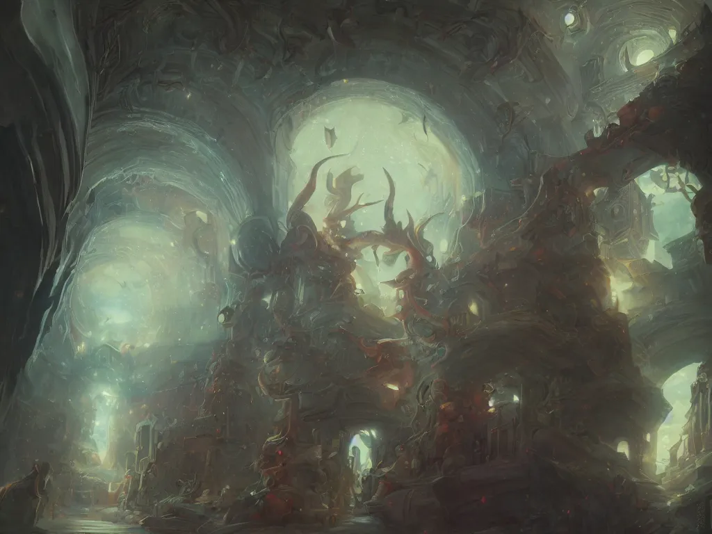 Image similar to detailed painting of a magical book that is a portal to a fantasy realm by Krenz Cushart, fantasy, dramatic light