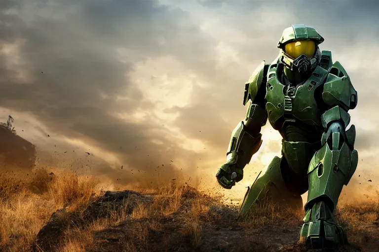 Image similar to one render of ultra realistic 4 k wide shot of master chief in ukraine please