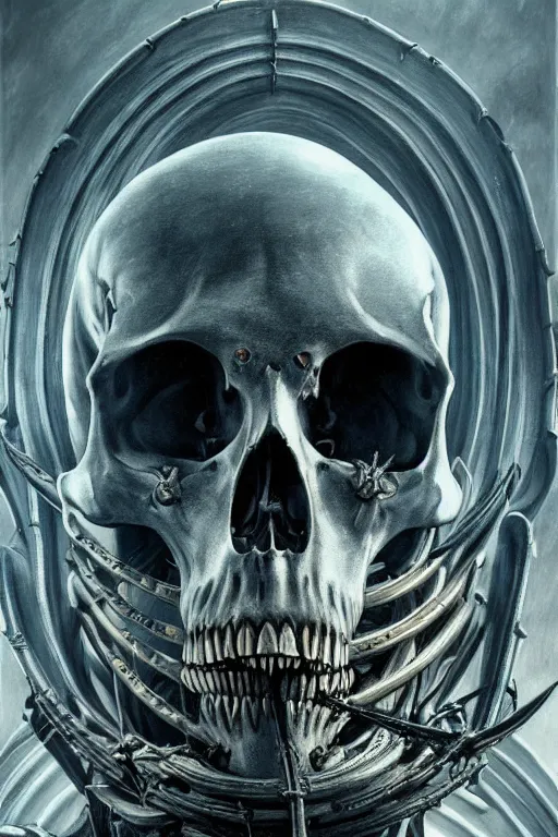 Prompt: an extremely high quality hd a painting of a skeleton with a halo around it's head, poster art by hans ruedi giger, behance contest winner, vanitas, apocalypse art, cosmic horror, darksynth, 8 k, ultra realistic, very realistic