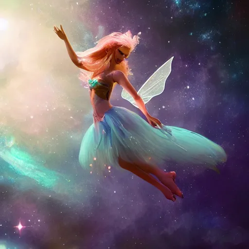 Image similar to magical fairy floating in space, epic, beautiful, stunning concept art, highly detailed, galaxy background, rendered in octane, unreal engine, trending on artstation, realistic, diviantart