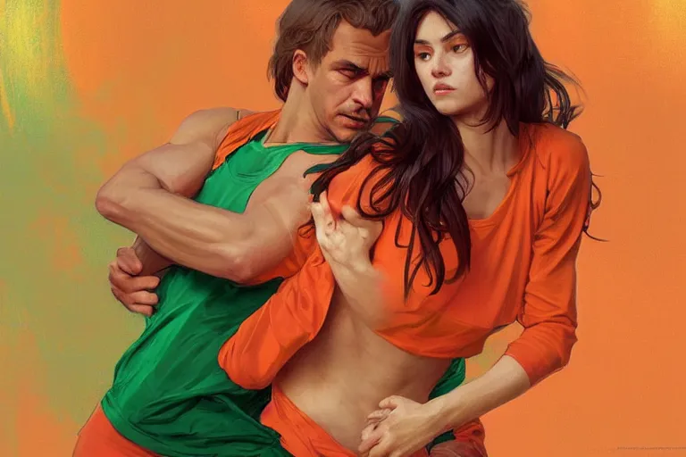 Image similar to portrait of a man in orange t - shirt wrestling with a girl in green dress, highly detailed, digital painting, artstation, concept art, smooth, sharp focus, illustration, art by artgerm and greg rutkowski and alphonse mucha