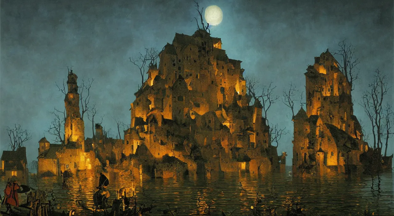 Prompt: an oil painting of a flooded ancient fungi tower at night by carl spitzweg jan van eyck audubon rene magritte max ernst, full-length view, highly detailed, vibrant colors, high contrast, symmetry, great composition, high detail, cinematic lighting, award winning masterpiece, trending on artstation