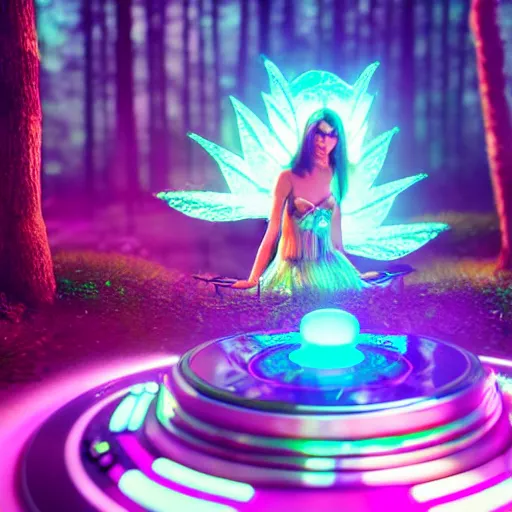 Prompt: a beautiful fairy dj playing turntables in a rave party at a magical forest, concept style trending on artstation concept art detailed octane render cinematic photo - realistic 8 k high detailed