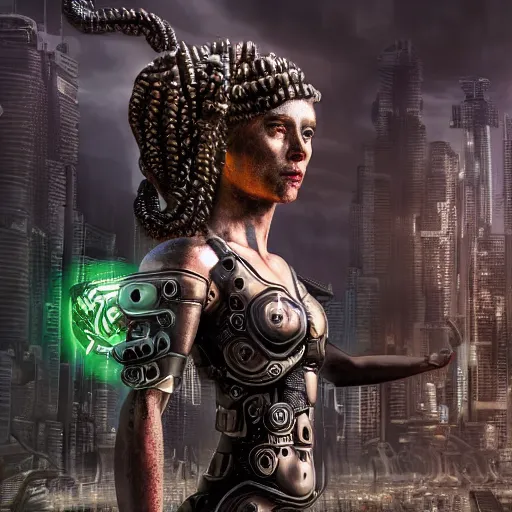 Image similar to photorealistic portrait of a cyborg gorgon medusa with borg implants and mechanical snakes coming out of her head. Dystopian city in the backgeound. very detailed, 8k