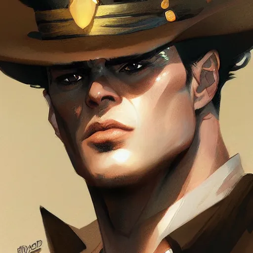 Image similar to jotaro kujo, closeup portrait art by greg rutkowski