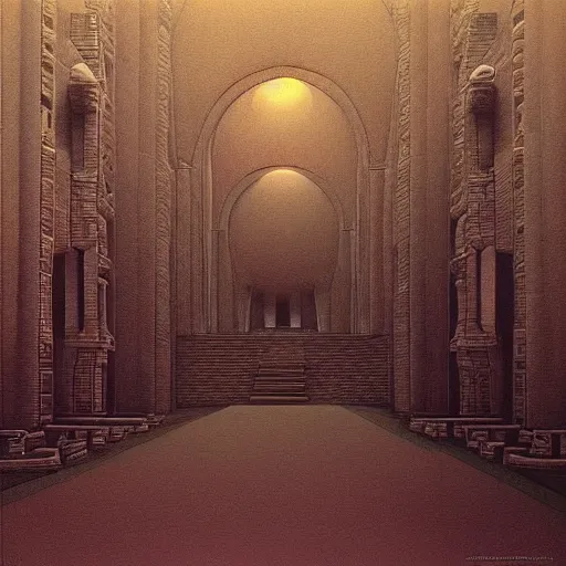 Prompt: “inside the Temples from LOZ: OOT hyperrealism in the style of Zdzisław Beksiński. Trending on artstation”