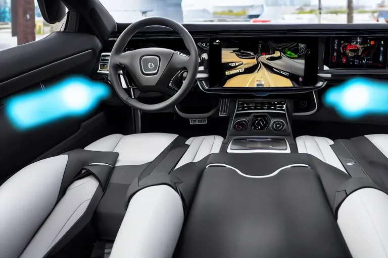 Image similar to a high-detailed picture from the inside of a driving autonomous car without people driving in a city, 8k, photo-realistic