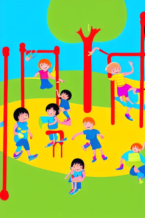 Prompt: highly detailed illustration of children playing in a playground in a sunny day