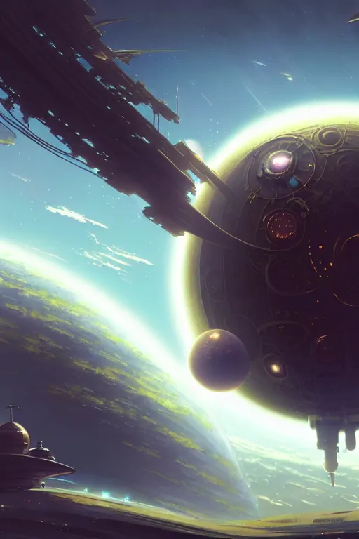 Image similar to steampunk spaceship infront of a planet, exquisite details, denoised, mid view, by karl kopinski, artsation, greg rutkowski, makoto shinkai, takashi takeuchi, studio ghibli