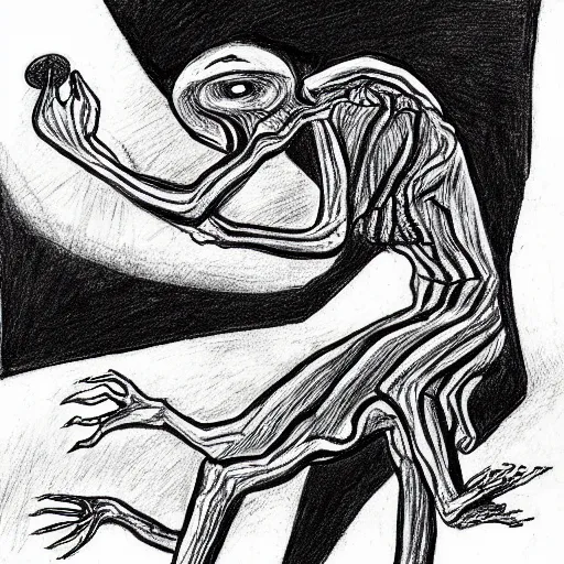 Prompt: “ surrealist drawing in the style of junji ito, eerie, black and white, creepy ”