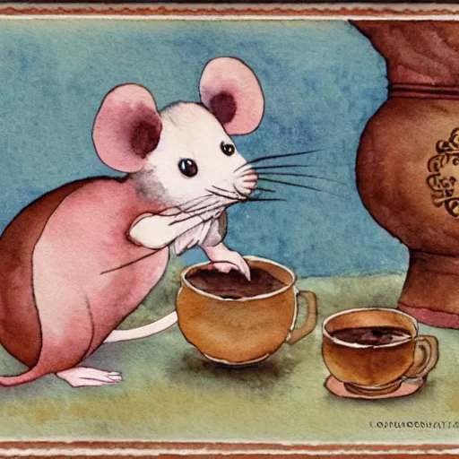 Prompt: russian mouse drinks tea from samovar with her little children, children book illustration, 9 k, watercolor