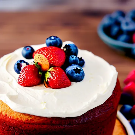 Image similar to A photo of a cake from the side on a wooden table, with cream spread on the sides and strawberries, raspberries and blueberries placed in circles on top. Sunset. 4K. Cinematic lighting. High detail. Realistic. Delicious.