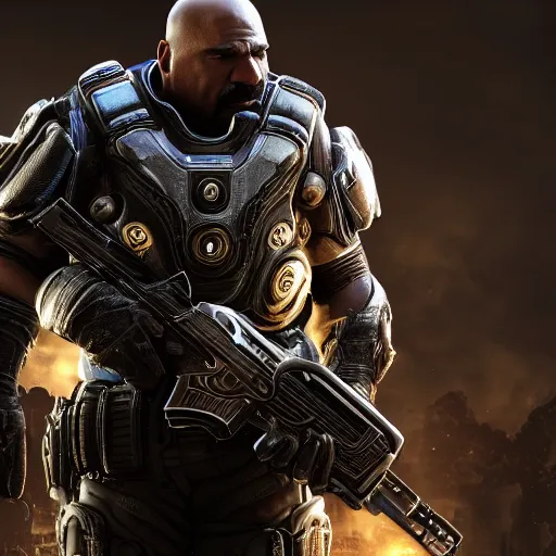 Image similar to Portrait of Steve Harvey in Gears of War, splash art, movie still, cinematic lighting, dramatic, octane render, long lens, shallow depth of field, bokeh, anamorphic lens flare, 8k, hyper detailed, 35mm film grain