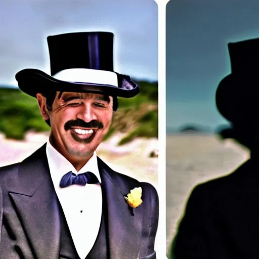 Image similar to the godfather wears a top hat and smiles. 5 0 mm, cinematic, technicolor. sea and beach and a man in the background.