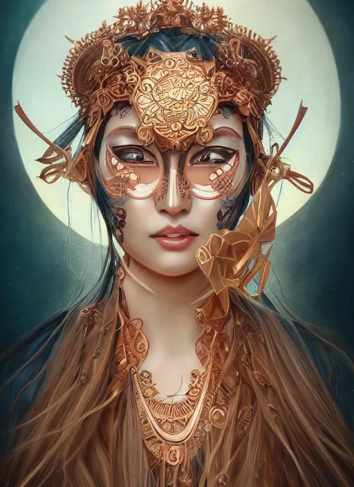 Image similar to a beautiful detailed oil on copper art illustration of a japanese hyottoko mask woman, centered, by charlie bowater, zeng fanzh, trending on artstation, dim dusk lighting, cinematic lighting, detailed lighting, volumetric lighting, realistic, f 8, 4 k hd wallpaper