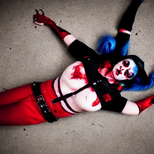 Image similar to a criminal photography taken of a dead harley quinn from suicide squad laying on the ground, blood is pooling under her, at night, super realistic.