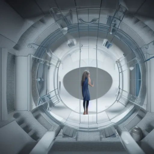 Image similar to cryogenics chamber concept with woman inside. maya, 3 ds max, photoshop, vray, sky - fi, concept art, matte painting, unreal engine