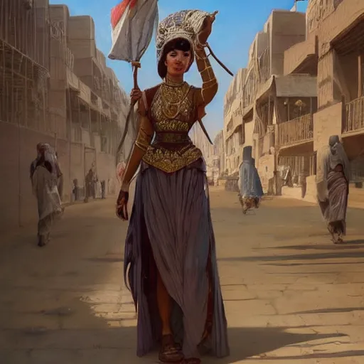 Image similar to A well dressed sumerian woman in a major Mesopotamian city, highly detailed, digital painting, artstation, concept art, sharp focus, illustration, cinematic lighting, art by artgerm and greg rutkowski and alphonse mucha