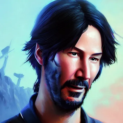 Image similar to Portrait of Keanu Reeves as a samurai, mattepainting concept Blizzard pixar maya engine on stylized background splash comics global illumination lighting artstation lois van baarle, ilya kuvshinov, rossdraws