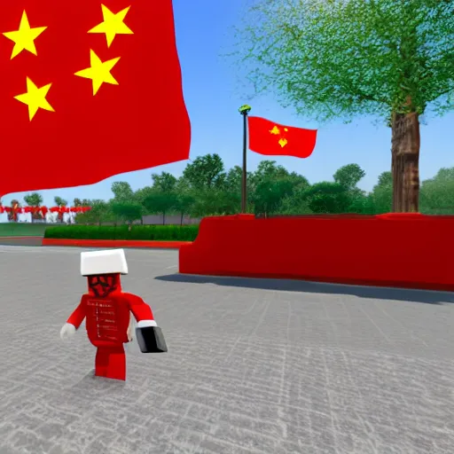 Image similar to roblox noob driving tank in tiananmen square, chinese flag