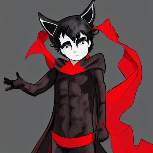 Prompt: little boy with cat ears in an black latex suit with red cape. digital artwork made by lois van baarle and kentaro miura, sharpness focus, anatomically correct, heroic composition