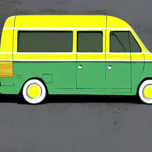 Image similar to retro painting illustration of a volswagen van, 2 d, pastel color, green, yellow, green, retro style art, trendy on artstation