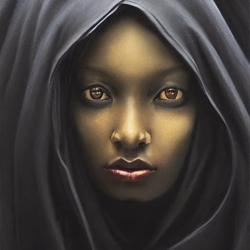 Image similar to a portrait of a young black woman wearing a long dark cloak, hood and shadows covering face, anatomically correct, beautiful perfect face, enigmatic, oil painting, matte painting, black background, Volumetric dynamic lighting, Highly Detailed, Cinematic Lighting, Unreal Engine, 8k, HD, by Beksinski