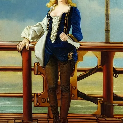 Prompt: a beautiful, friendly, calm, blonde, well - dressed, steampunk, covered, armed, pirate captain, standing on the deck of her ship gazing at the horizon in 1 7 3 0, detailed award - winning time - less painting