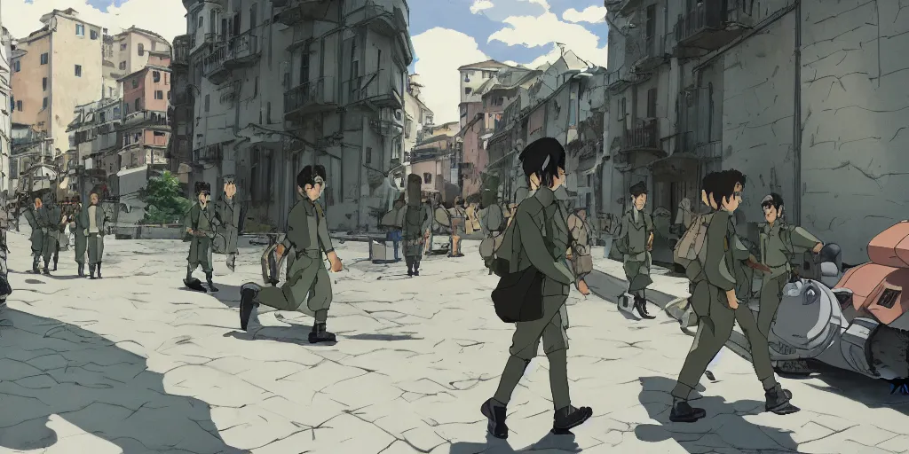 Image similar to wholesome animation studio Ghibli of a young soldier walking near some nazists and tanks in the city of Genova. Sharp bloom dramatic lightning