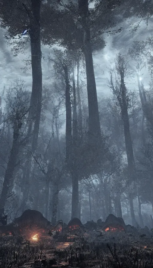 Image similar to a storm vortex made of many demonic eyes and teeth over a forest, with cryengine