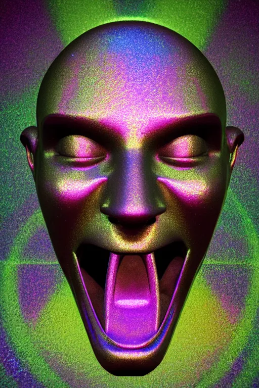 Image similar to 3d render of holographic angry human robotic screaming angry bust made of glossy iridescent, screaming, bust, surrealistic 3d illustration of a human non-binary, non binary model, 3d model human, cryengine, made of holographic texture, holographic material, holographic rainbow, concept of cyborg and artificial intelligence