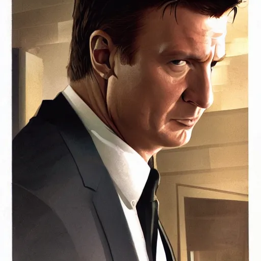 Image similar to Nathan Fillion as James Bond in Goldeneye 007 silently dispatching a guard on the toilet in facility , D&D, cinematic, intricate, elegant, highly detailed, movie still, artstation, concept art, smooth, sharp focus, illustration, art by artgerm and greg rutkowski and alphonse much