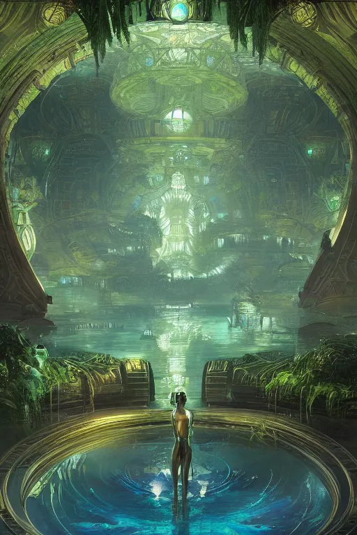 Prompt: Concept Digital Art Highly detailed Alien Art Deco Cybertron lazy river inside of the Palace of the Primes with glowing green water at night by greg rutkowski, Ilya repin, alphonse mucha, and Edmund Blair Leighton. Very highly detailed 8K, octane, Digital painting, the golden ratio, rational painting, sharp