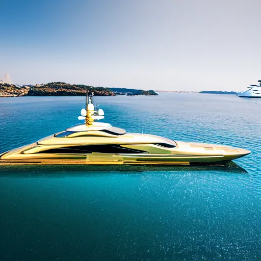 Image similar to gold plated mega yacht with two swimming pools and a helicopter landing pad, docked at harbor, clear and focused, elegant, photograph