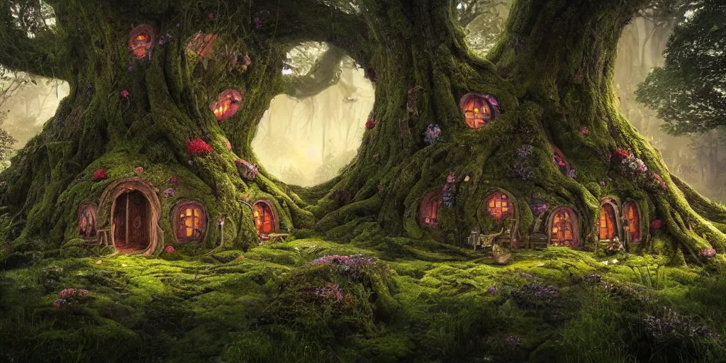 Image similar to a photorealistic cg render of huge old twisted tree with tiny mossy hobbit houses built into it, covered in moss, flowers and mushrooms, hints of peter mohrbacher, georges remi, albert uderzo, super - realistic, insanely intricate and detailed, sunset, volumetric lighting, god rays, 4 k, high definition