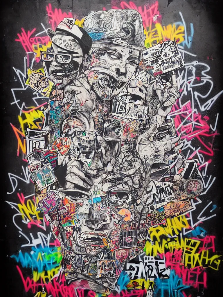 Image similar to a multilayered mixed media street art on paper bursting with nostalgic pop culture references, punk and graffiti symbols and tattoo designs, sharp details and in focus, high resolution, flat evenly lit background, art by stikki peaches