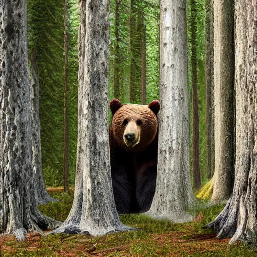 Image similar to Bear made out of old books a forest with impossibly tall trees. 8k resolution. Hyperrealistic.