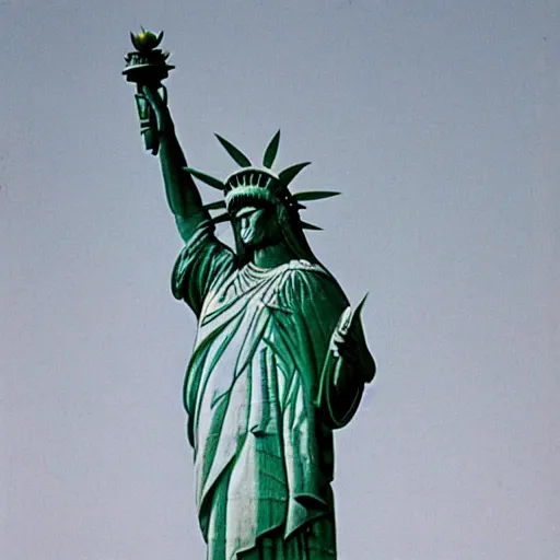 Prompt: photo of the statue of liberty as a native indian with head dress, native american hoop dance, coper cladding