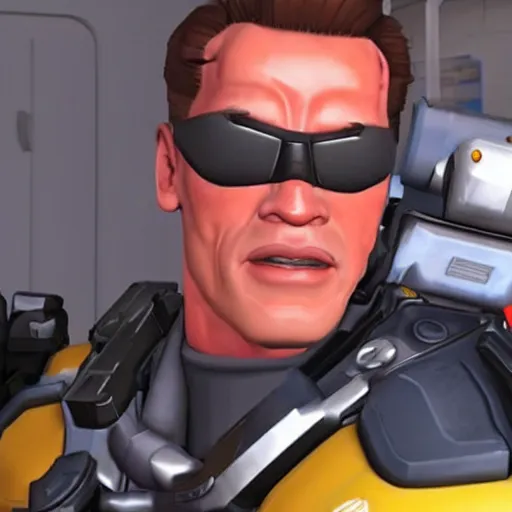 Prompt: a screenshot of arnold schwarzenegger as soldier 7 6 in overwatch