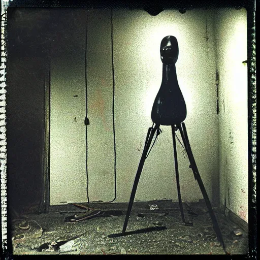 Image similar to a buzzard mannequin in a dark room, abandoned, creepy, eerie, scary, old polaroid, expired film, out or focus,