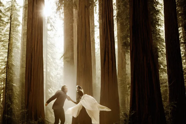 Image similar to cinematography closeup portrait of couple dancing in the redwood forest, thin flowing fabric, natural light by Emmanuel Lubezki