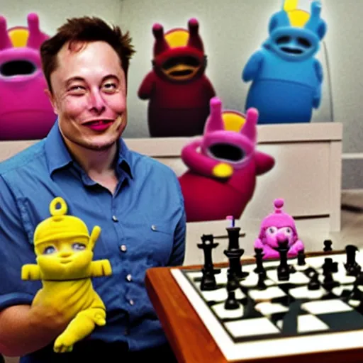 Prompt: elon musk with teletubbies, playing chess