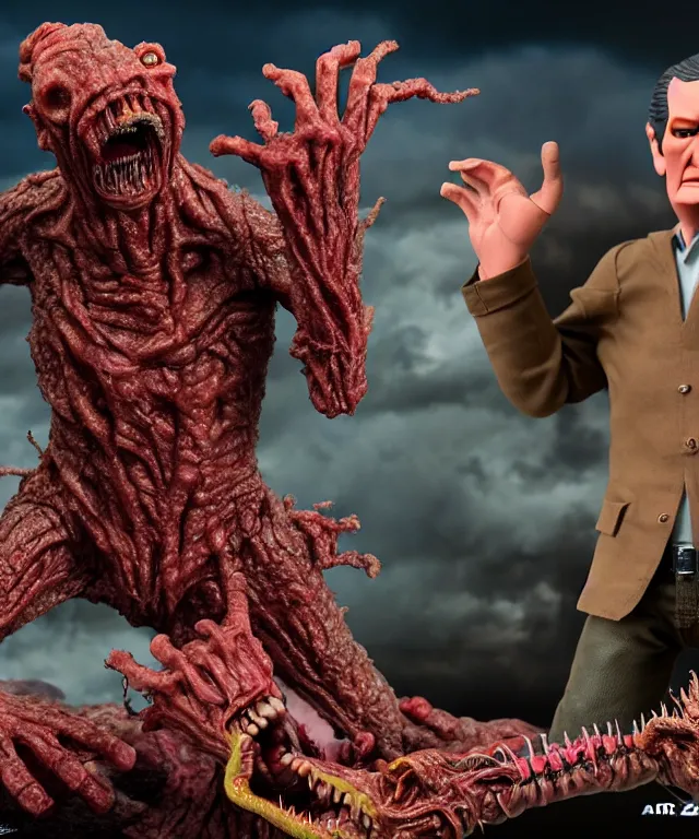 Image similar to hyperrealistic rendering, epic boss battle, cronenberg flesh monster ted cruz, by art of skinner and richard corben, product photography, collectible action figure, sofubi, hottoys, storm clouds, outside, lightning