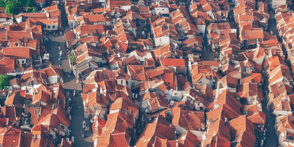 Prompt: Aerial perspective of a fantasy town winding narrow streets a multicolored marketplace full of people, red brick rooves and smoke from chimneys