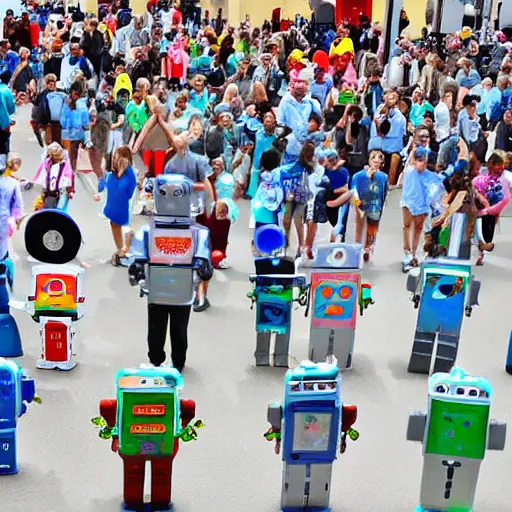 Prompt: robot parade, robots obey what the children say, wave the flag that the robot made